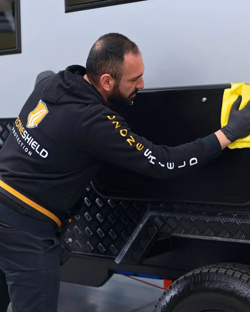 OzoneShield technician wiping down a caravan's checker plate